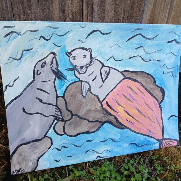 Sea Lions Mermaid Painting Folk Art - Picture 7 of 14